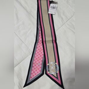 Henri Bendel 30" Monogram Skinny Mini Twilly PINK/TAN Scarf. NEW w Tags